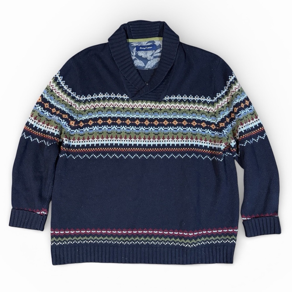 Tommy‎ Bahama Sweater 3XL Fair Isle Yoke Shawl Collar Cashmere Blend Navy